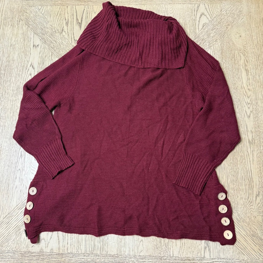 Keren Hart Women's Large Red‎ Maroon Cowl Neck Sweater Button Accent